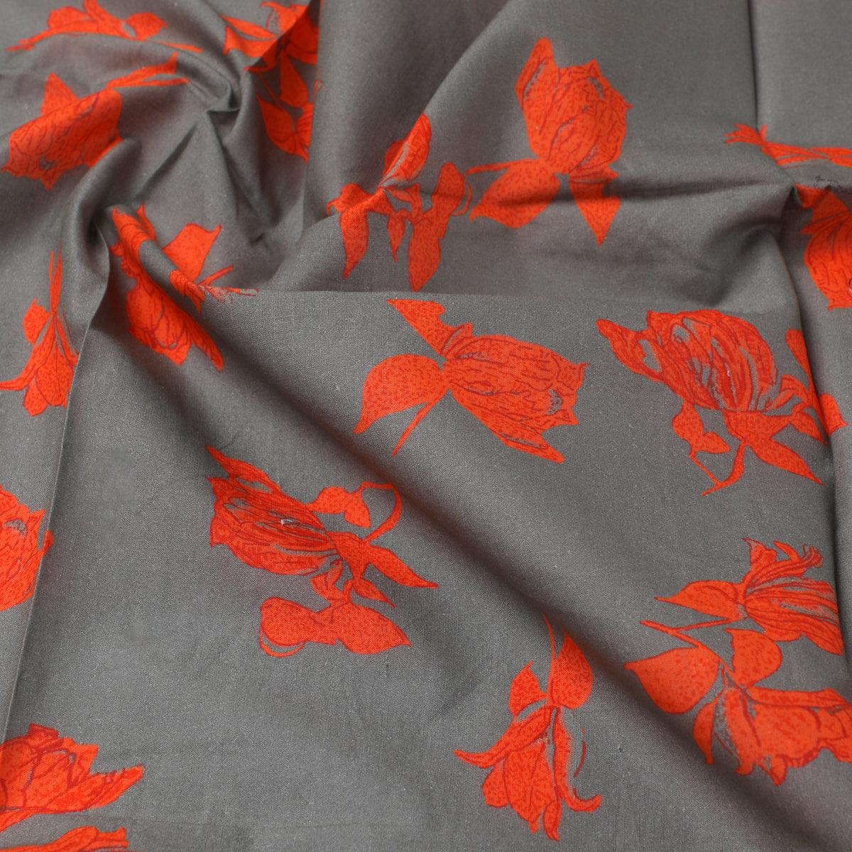 Tulips Roses With Orange Colour Digital Printed Fabric - Pure Cotton - FAB VOGUE Studio®