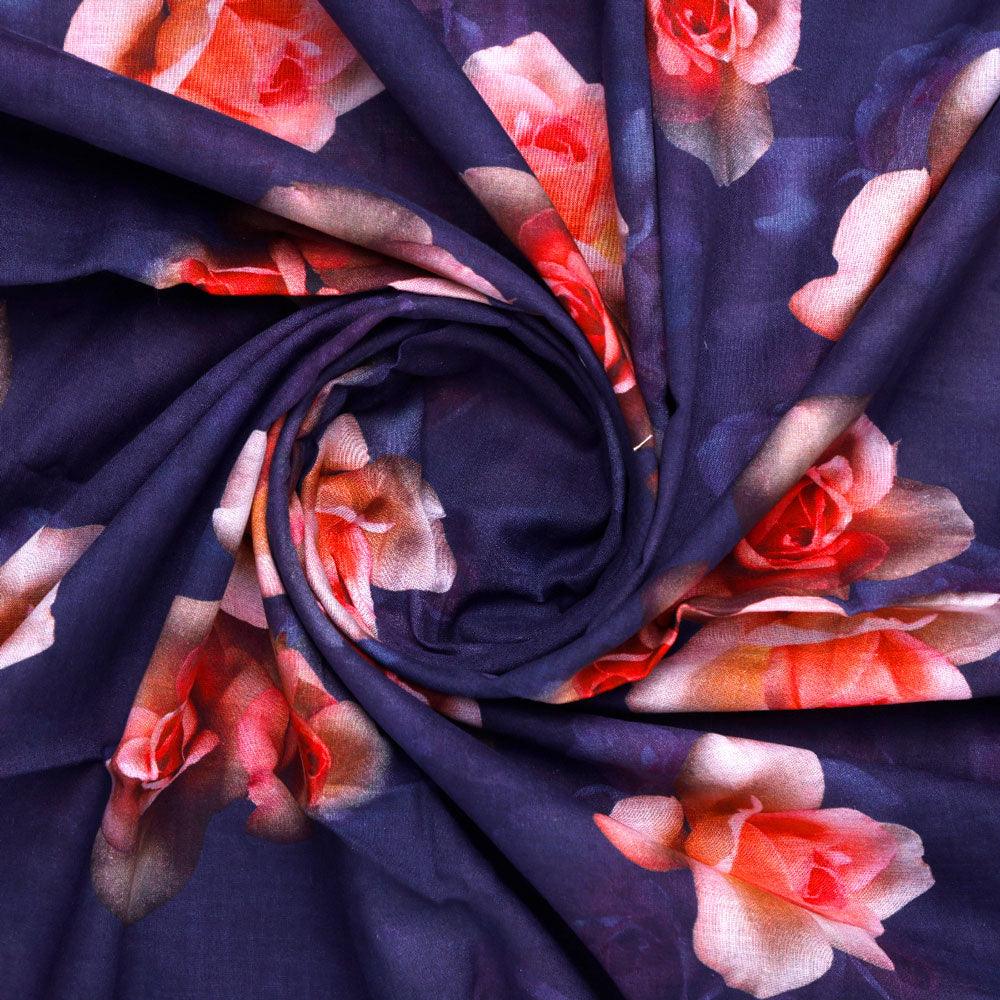 Valvet Blue Background With Creamy Roses Digital Printed Fabric - Pure Cotton - FAB VOGUE Studio®