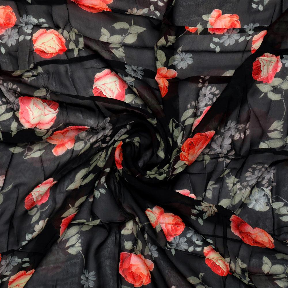 Elegant Floral Over Black Base Digital Printed Fabric - FAB VOGUE Studio®