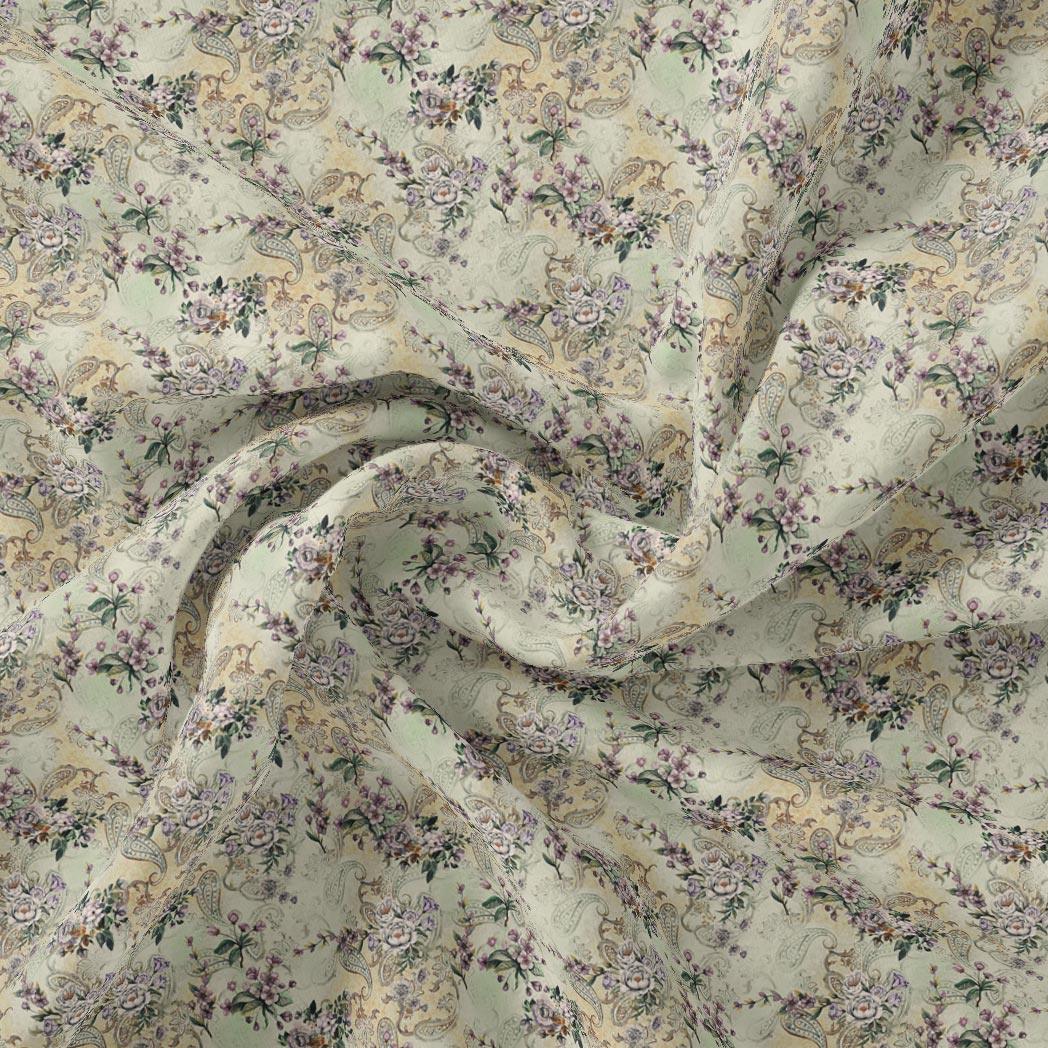 Tiny Border Paisley With Green Leaves Digital Printed Fabric - Pure Georgette - FAB VOGUE Studio®