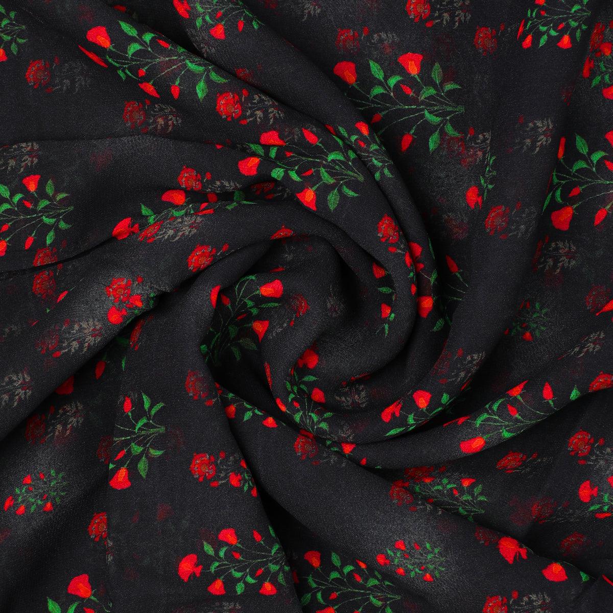 Red Flower over Black Base Difgital Printed Fabric - FAB VOGUE Studio®