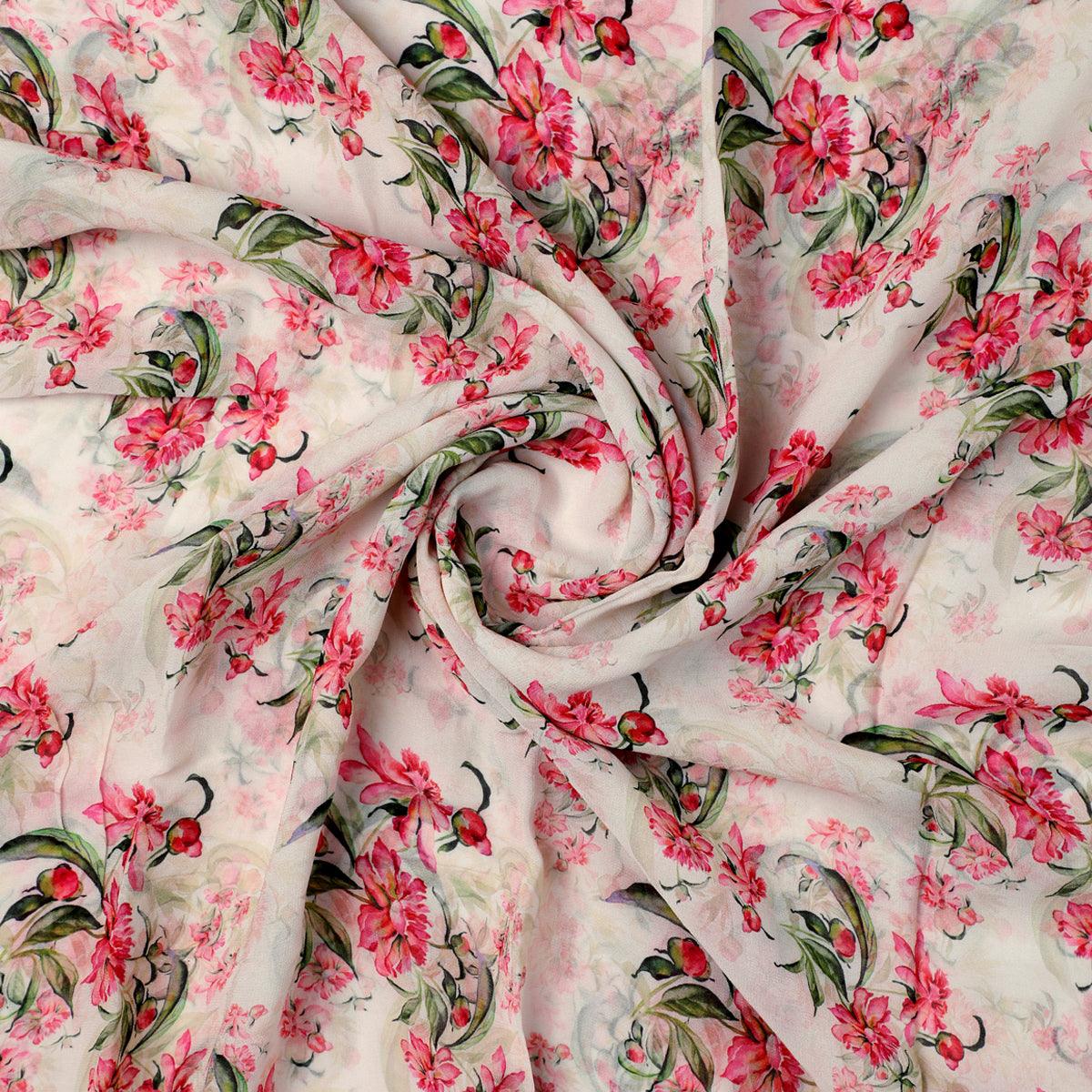 Beautifull Pink Calendula Flower Digital Printed Fabric - Pure Georgette - FAB VOGUE Studio®