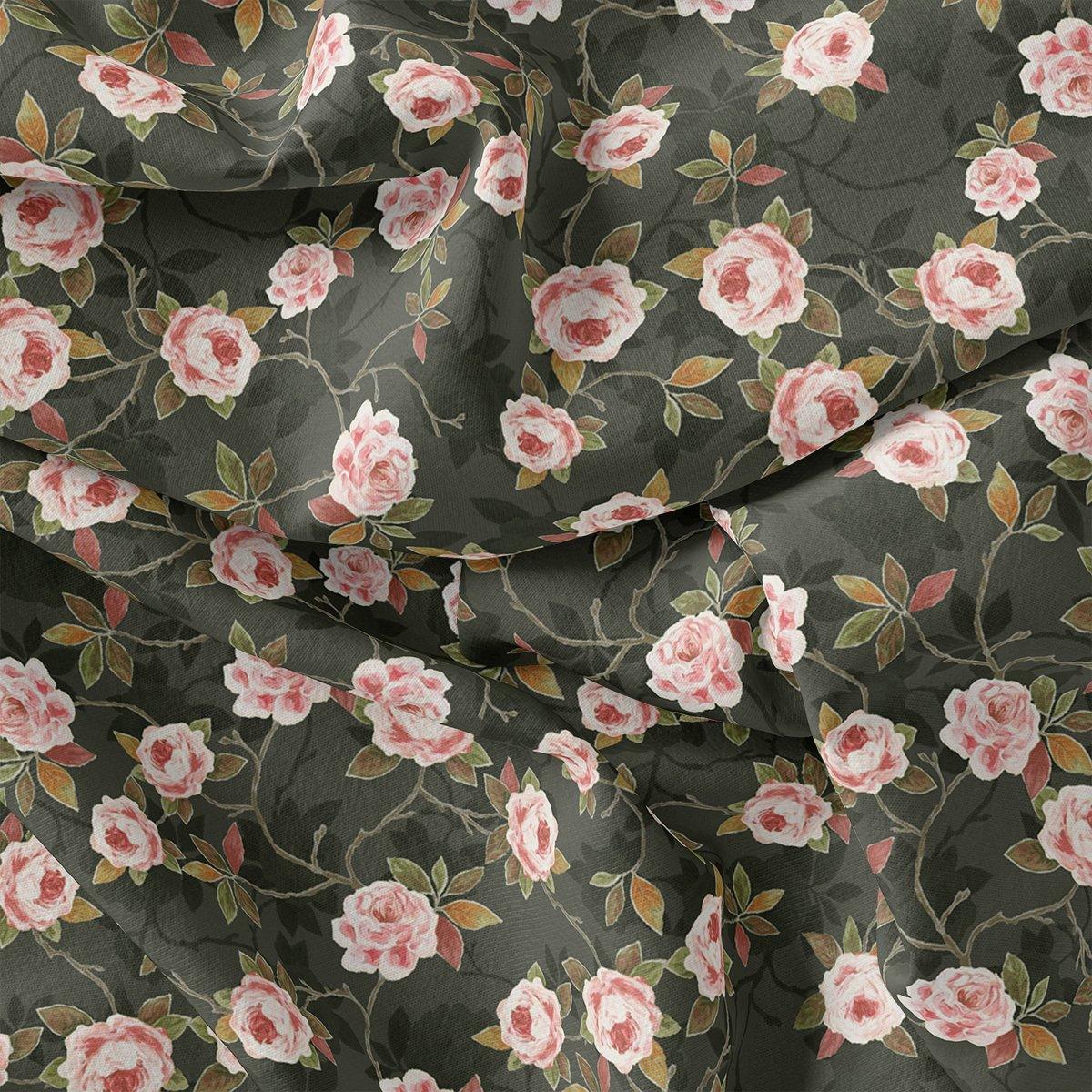 Ditsy Pink Rose With Green Leaves Digital Printed Fabric - Pure Georgette - FAB VOGUE Studio®