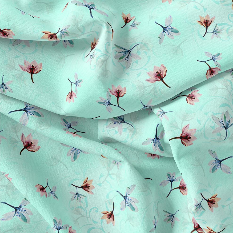 Brown Floating Flower On Rama Green Digital Printed Fabric - Pure Georgette - FAB VOGUE Studio®