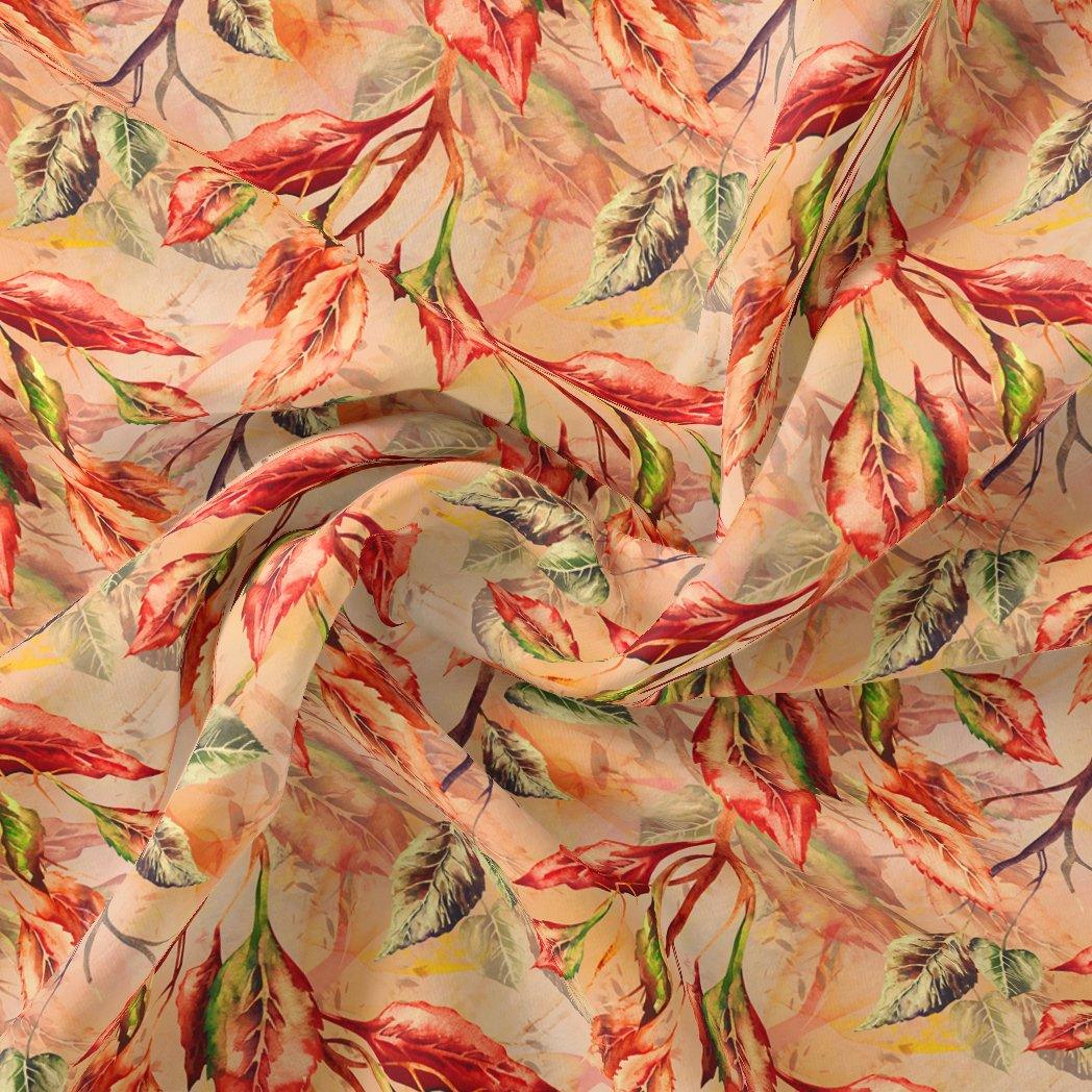 Beautiful Watercolour Gradient Autumnal Leaves Digital Printed Fabric - Pure Georgette - FAB VOGUE Studio®