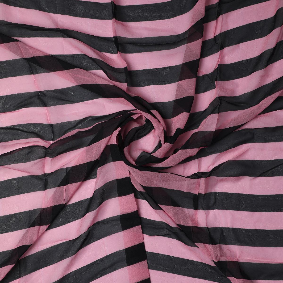 Bayadere Stripes Black With Pink Digital Printed Fabric - Pure Georgette - FAB VOGUE Studio®