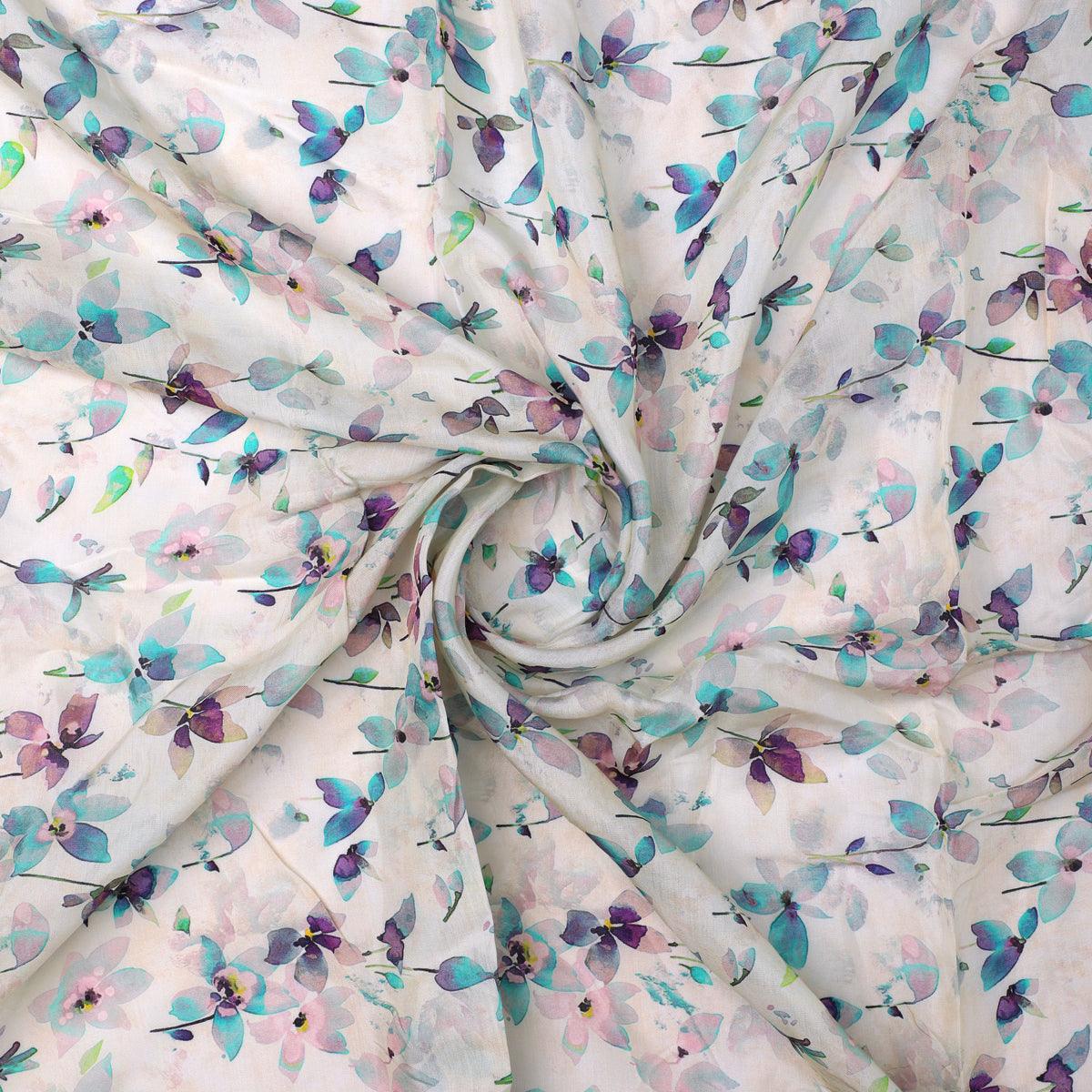 Darkcyan Floral Pure Muslin Printed Fabric Material - FAB VOGUE Studio®