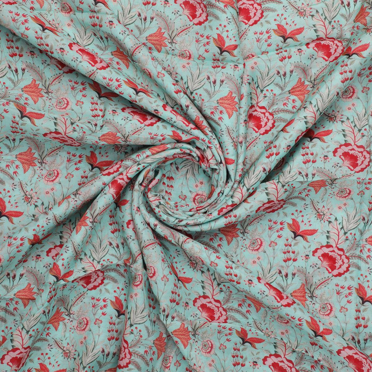 Cyan Jacobean Pure Muslin Printed Fabric Material - FAB VOGUE Studio®