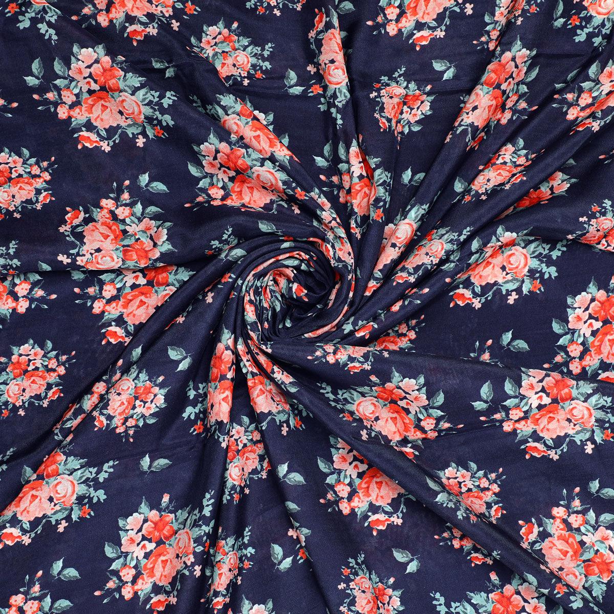 Blue Flower Printed Pure Muslin Fabric - FAB VOGUE Studio®