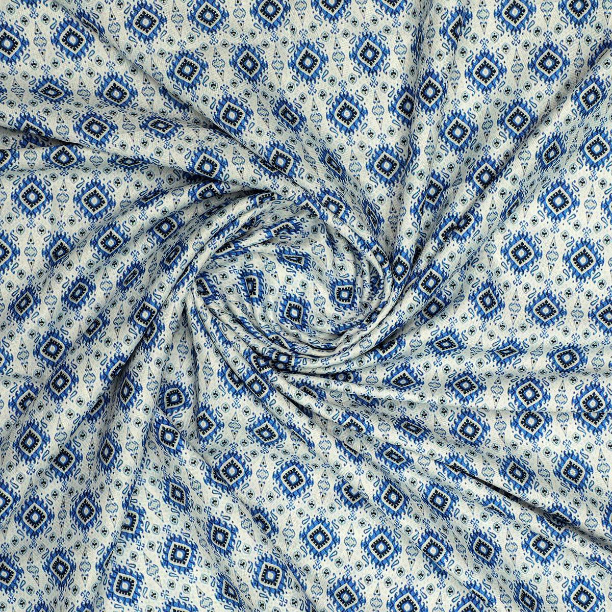 Tiny Blue Medallion Motif Digital Printed Fabric - Rayon - FAB VOGUE Studio®