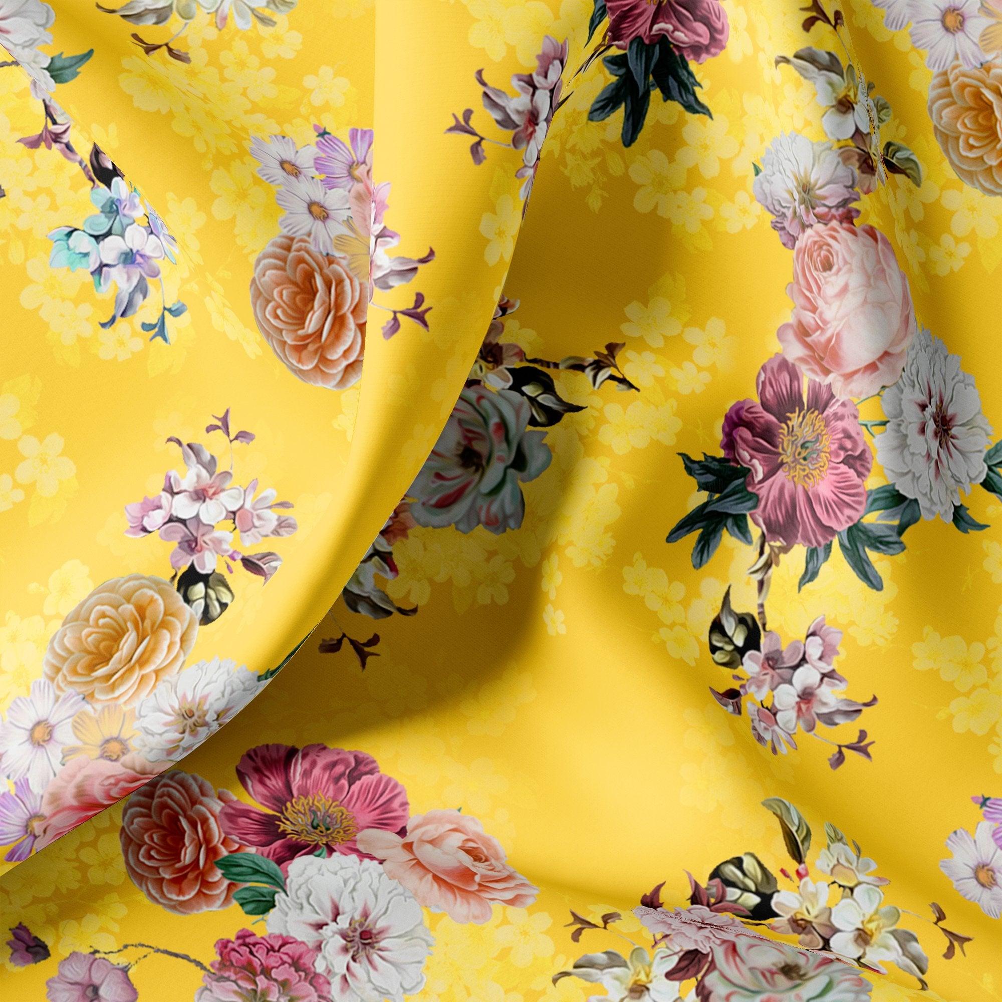 Beautiful Yellow Base Floral Bunch Digital Printed Fabric - FAB VOGUE Studio®