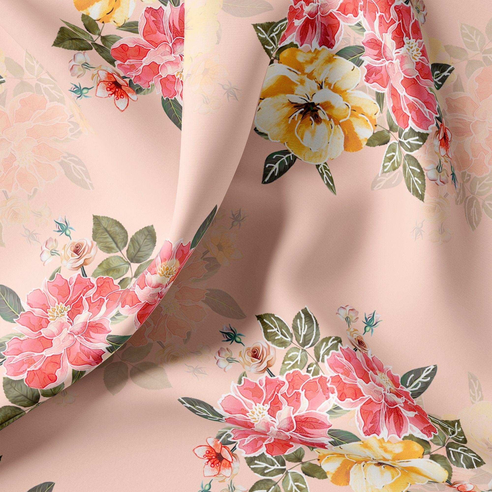 Colorful Floral Peach-Base Digital Printed Fabric - FAB VOGUE Studio®