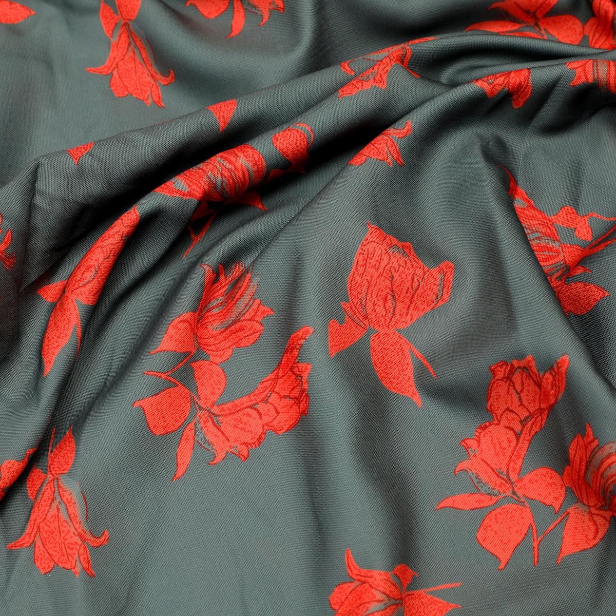 Tulips Roses With Orange Colour Digital Printed Fabric - Rayon - FAB VOGUE Studio®