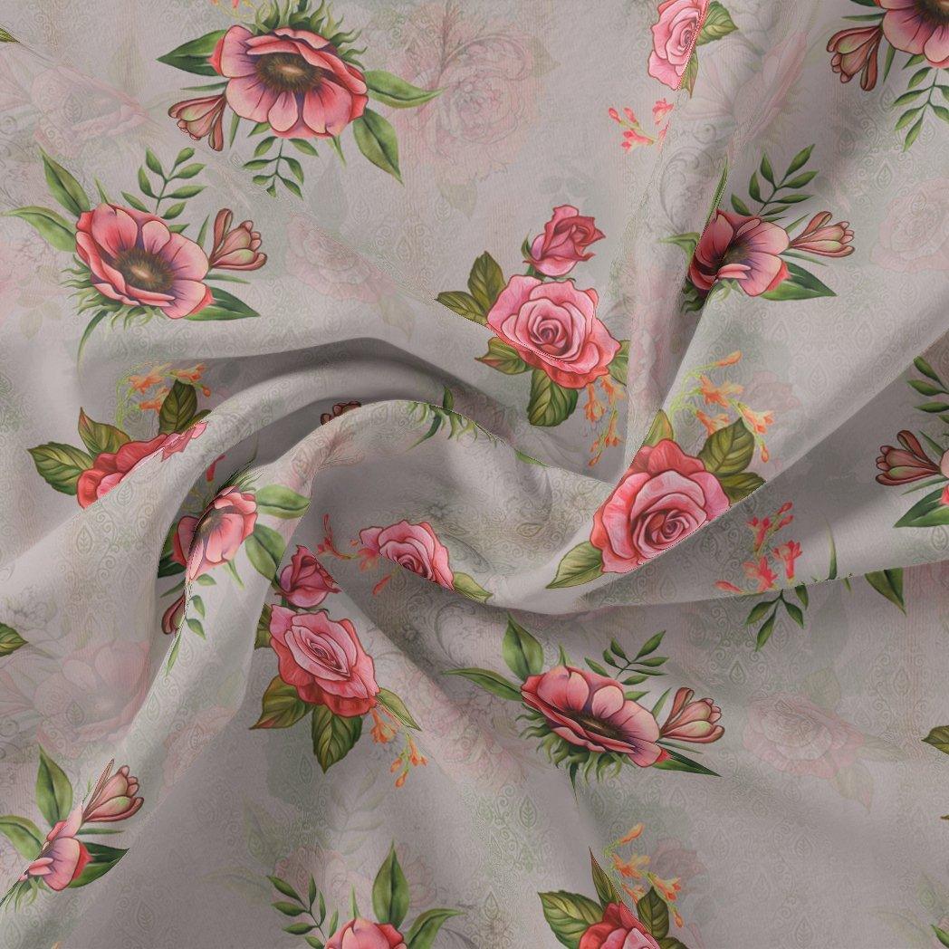 Pink Buttercup Flower Bunch Digital Printed Fabric - Rayon - FAB VOGUE Studio®