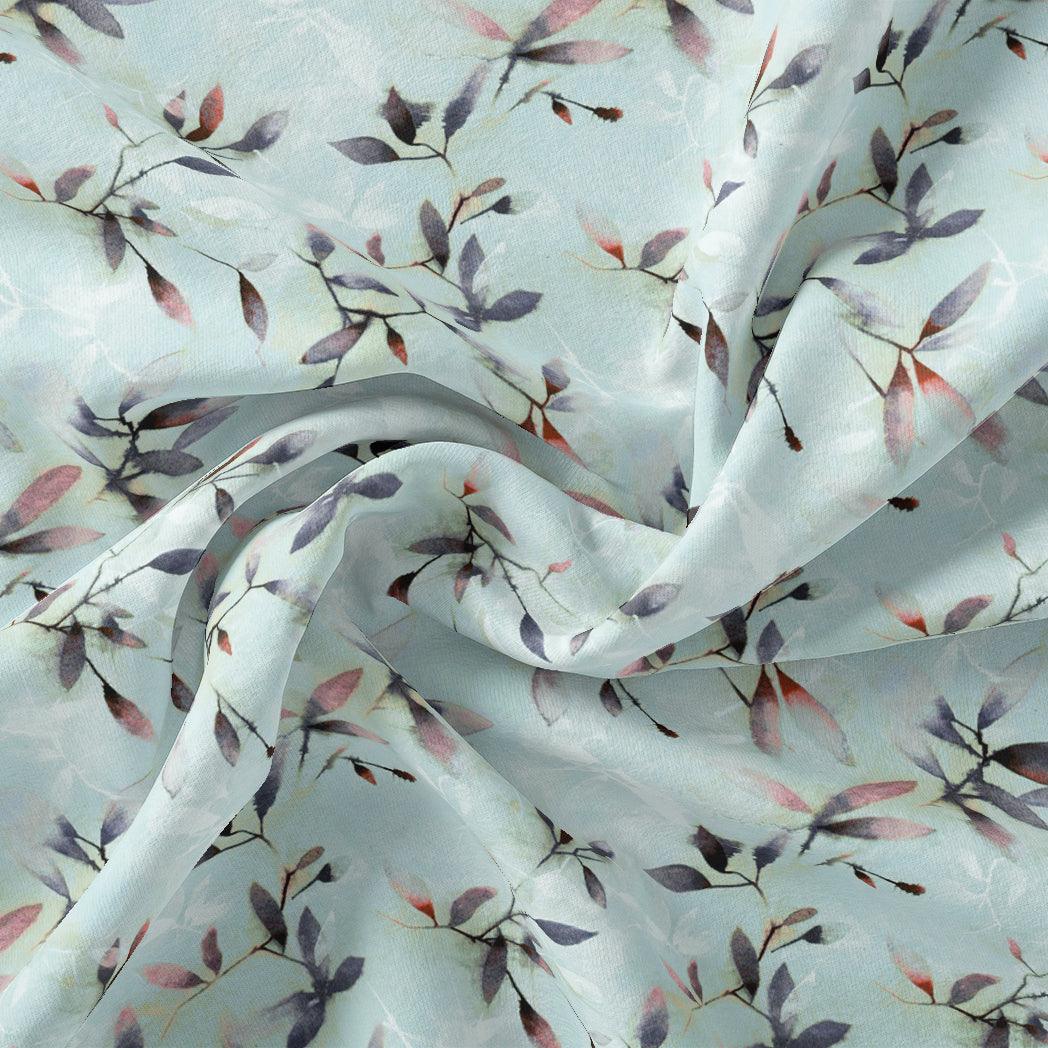 Bluish Thin And Light Leaves Digital Printed Fabric - Tusser Silk - FAB VOGUE Studio®