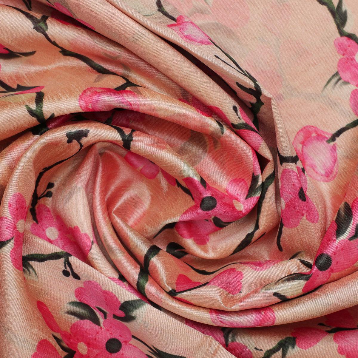 Cherry Red Flower With Branch Digital Printed Fabric - Tusser Silk - FAB VOGUE Studio®