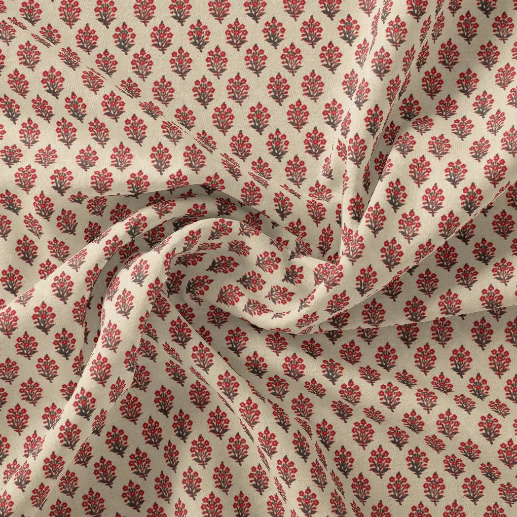 Red Flower Motif Block Digital Printed Fabric - Upada Silk - FAB VOGUE Studio®