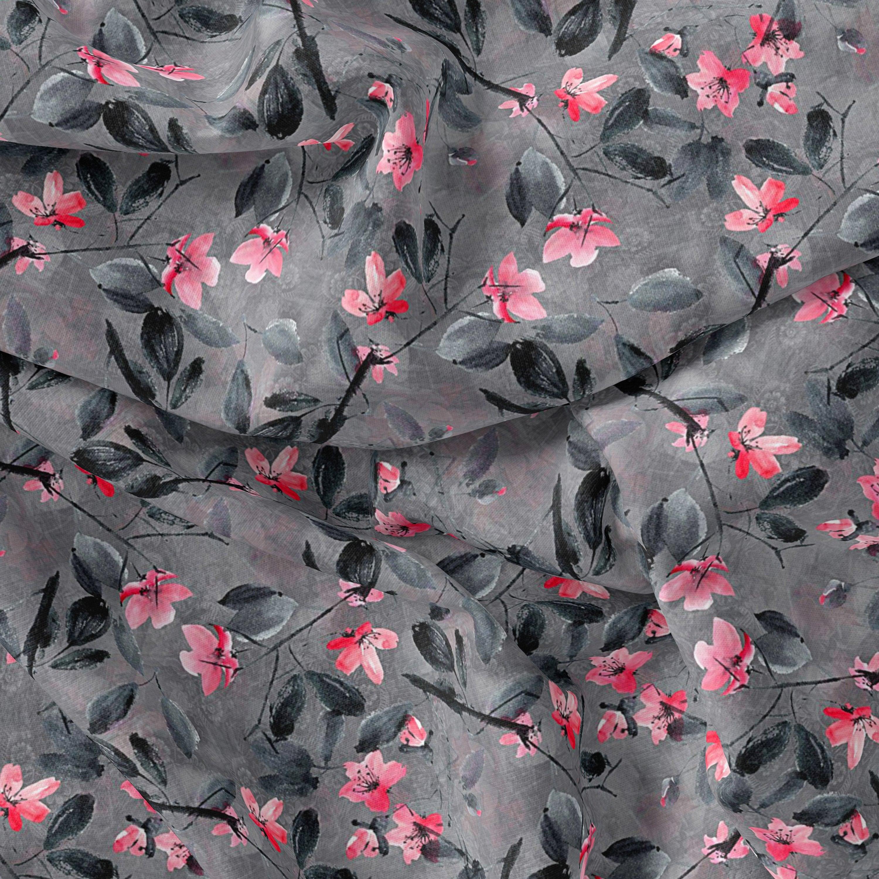 Rustic Looked Pink Flower Digital Printed Fabric - Upada Silk - FAB VOGUE Studio®