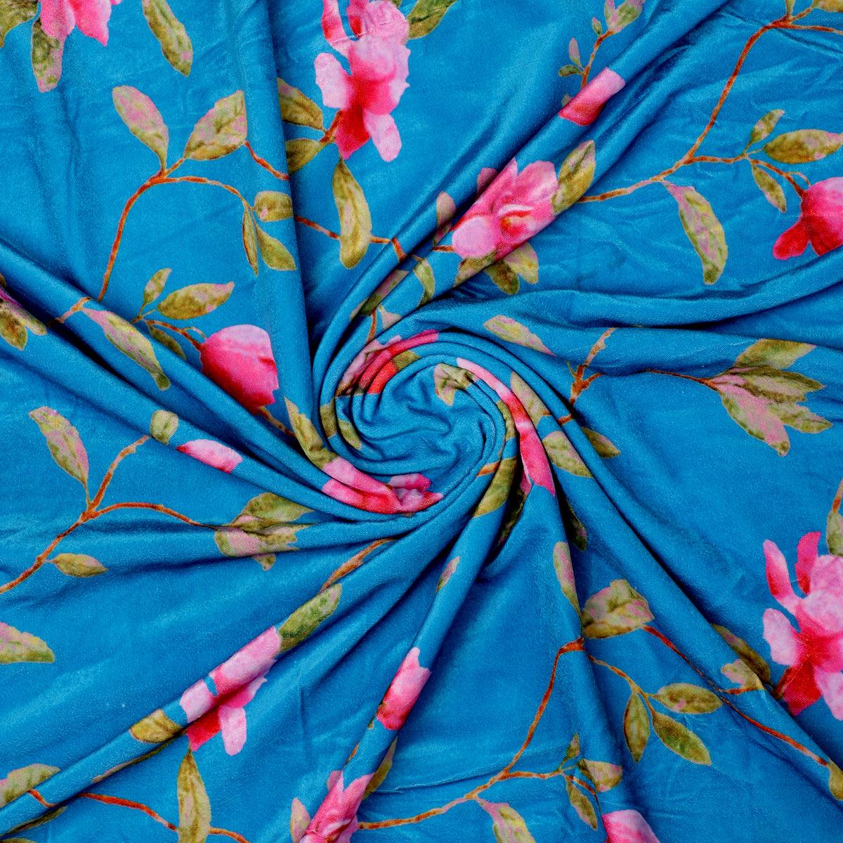 Blue Flower Velvet Printed Fabric - FAB VOGUE Studio®