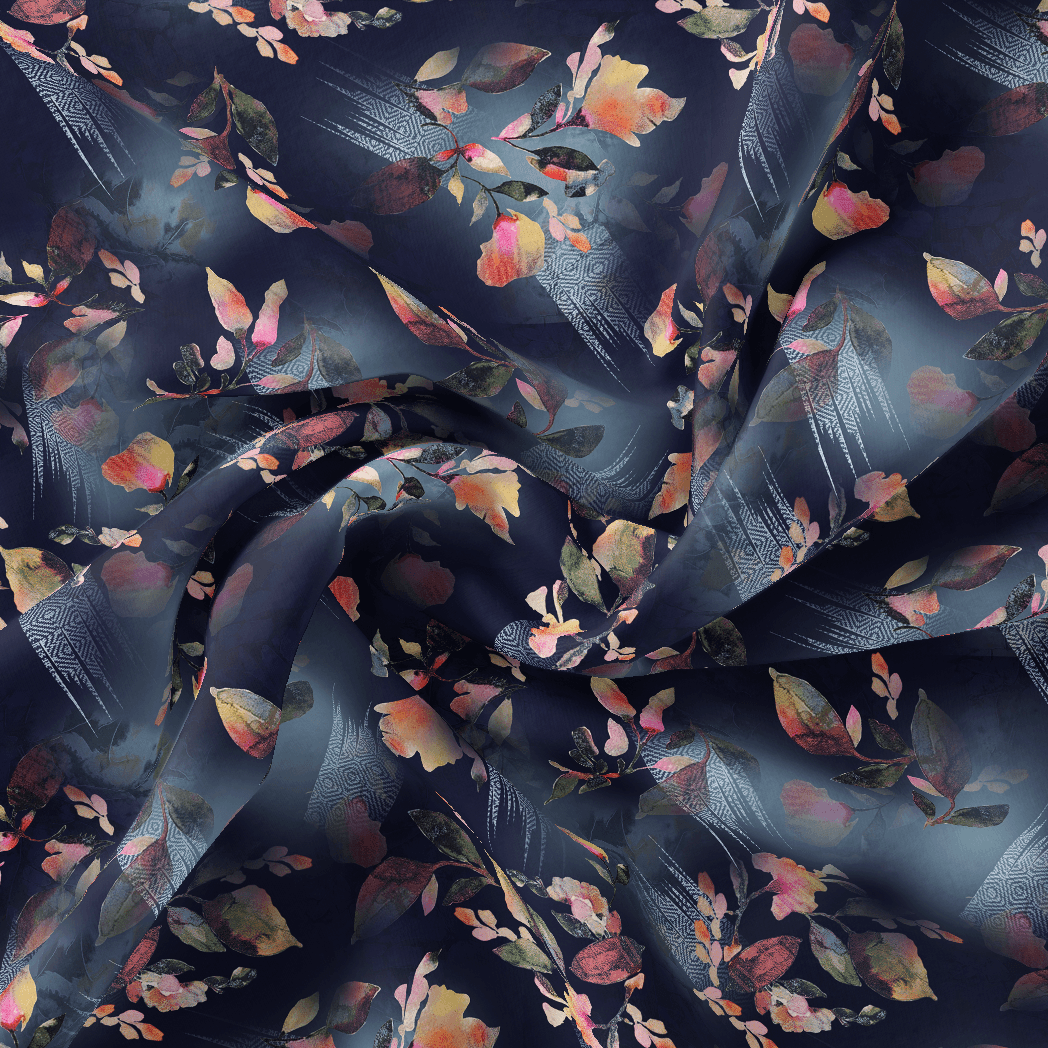 Little Leaves Petals With Blue background Digital Printed Fabric - Weightless - FAB VOGUE Studio®