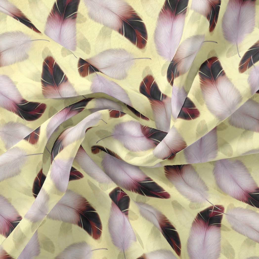 Brown Feather With pastel Yellow Background Digital Printed Fabric - Weightless - FAB VOGUE Studio®